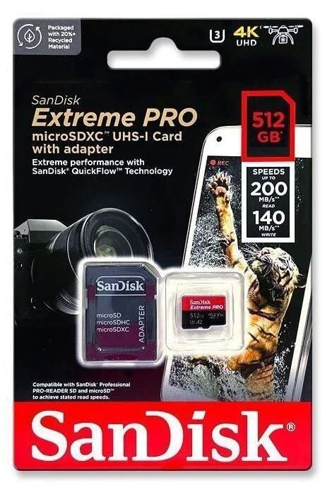 SanDisk 512GB 200/140MB/s microSDXC Extreme Pro UHS-I A2 V30 Adaptörlü Hafıza Kartı