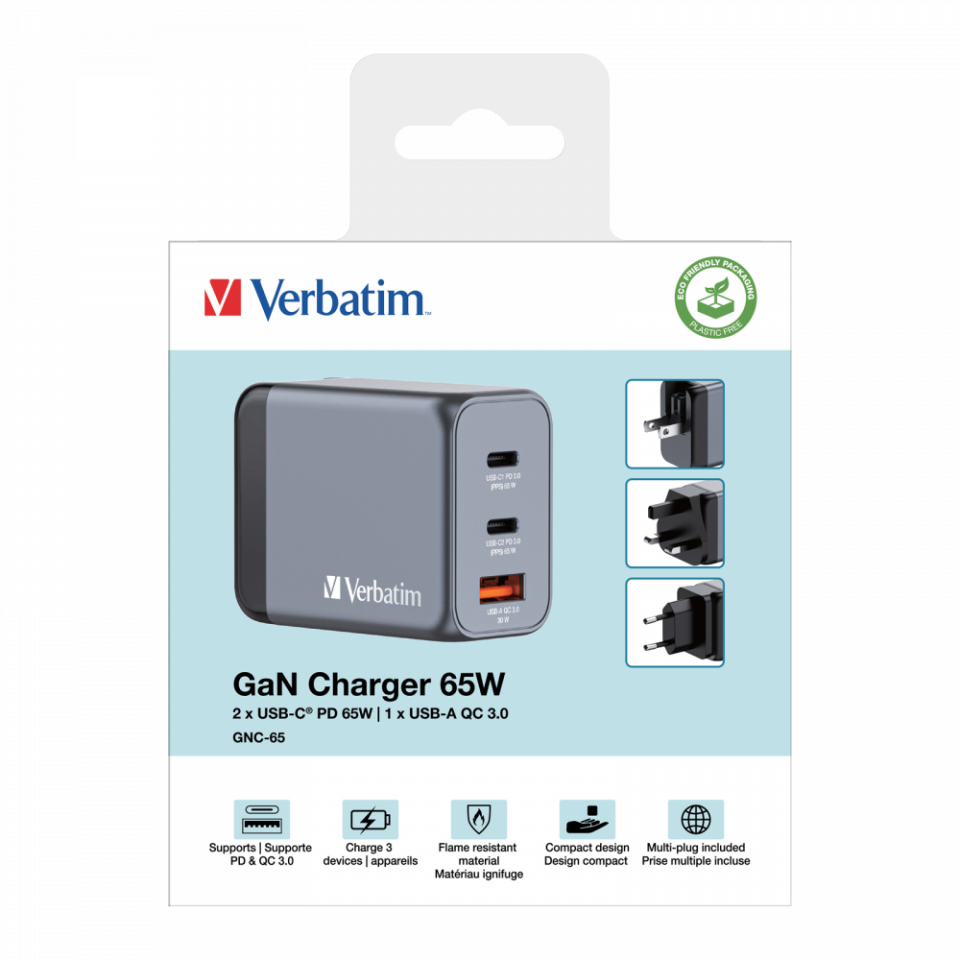 Verbatim 65W GAN Hızlı Şarj 2-Bağlantı Noktalı 2 x Usb-C® PD 65W / 1 x Usb-A QC 3.0-(32201)