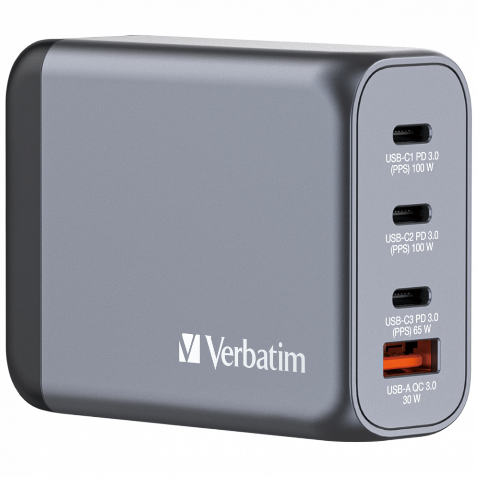 Verbatim 100W GAN Hızlı Şarj 4-Bağlantı Noktalı 2 x Usb-C PD 100W / 1 x Usb-C PD 65W / 1 x Usb-A QC 3.0-(32202)