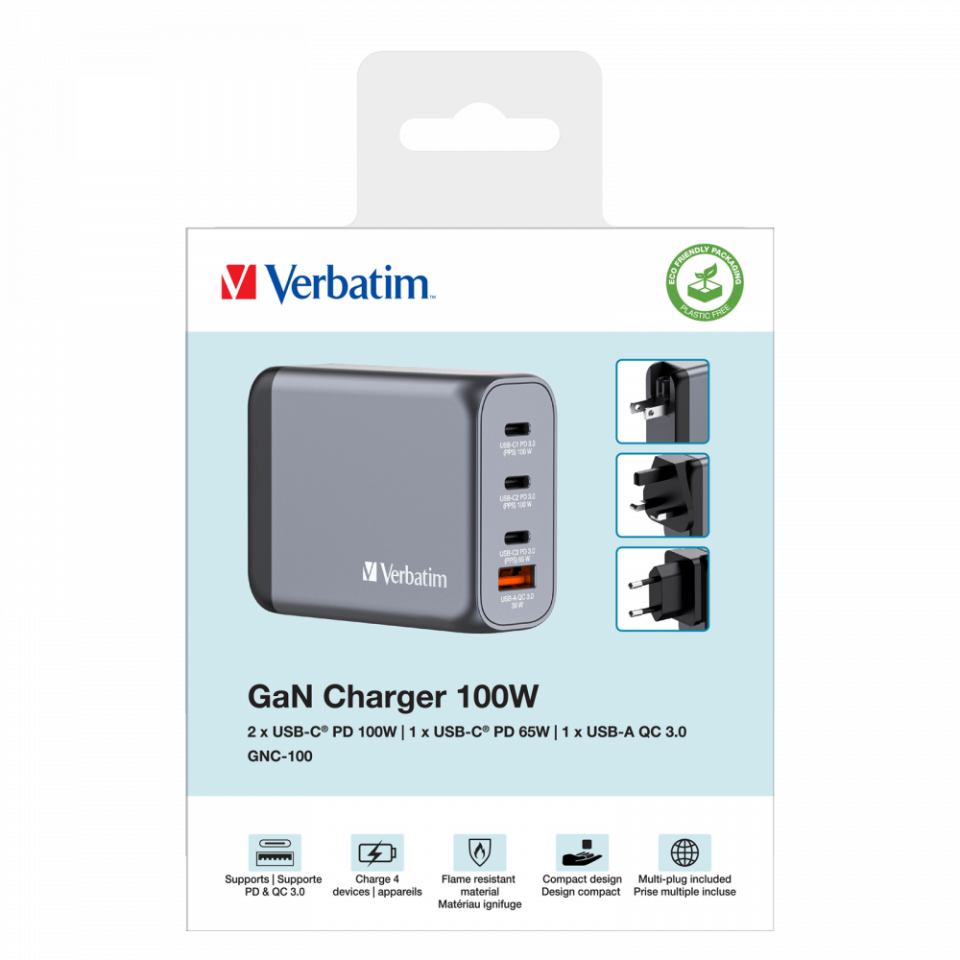 Verbatim 100W GAN Hızlı Şarj 4-Bağlantı Noktalı 2 x Usb-C PD 100W / 1 x Usb-C PD 65W / 1 x Usb-A QC 3.0-(32202)