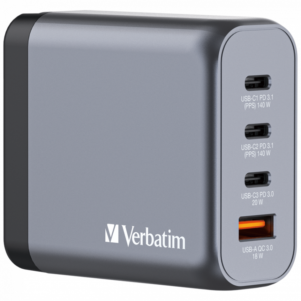 Verbatim 140W GAN Hızlı Şarj 4-Bağlantı Noktalı 2 x Usb-C PD 140W / 1 x USB-C PD 20W / 1 x USB-A QC 3.0-(32203)