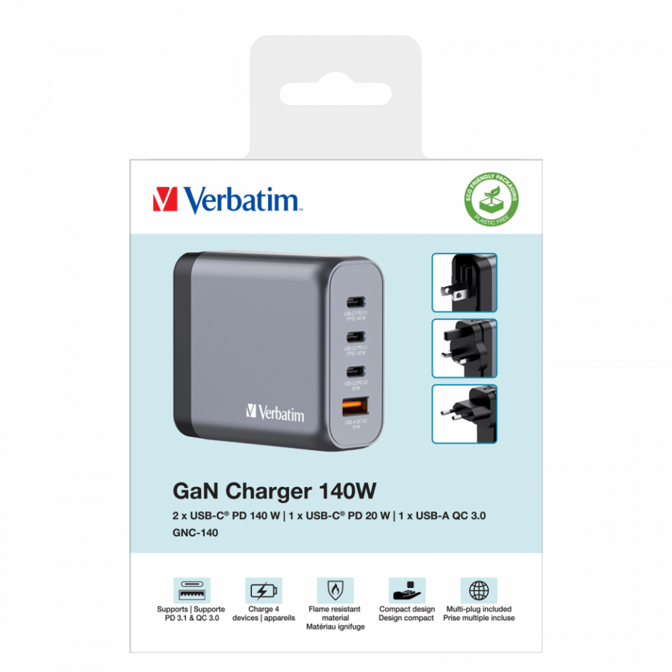 Verbatim 140W GAN Hızlı Şarj 4-Bağlantı Noktalı 2 x Usb-C PD 140W / 1 x USB-C PD 20W / 1 x USB-A QC 3.0-(32203)