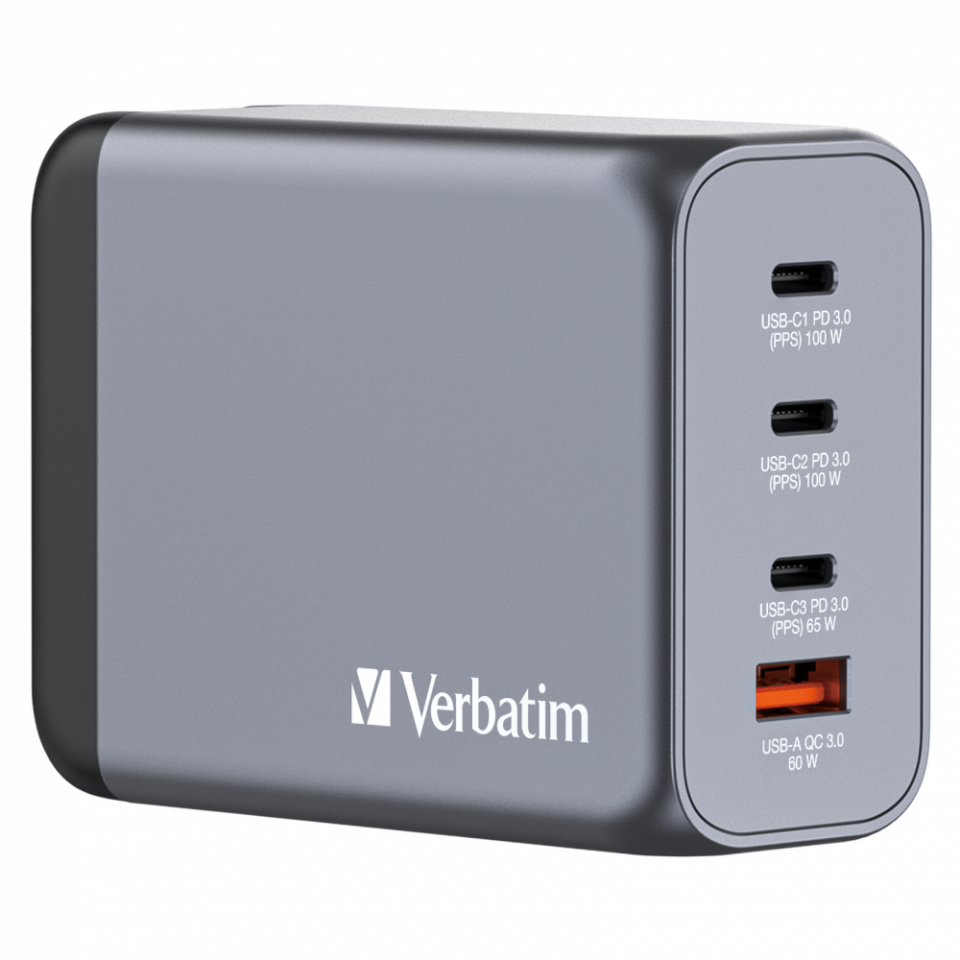 Verbatim 200W GAN Hızlı Şarj 4-Bağlantı Noktalı 2 x USB-C® PD 100W / 1 x USB-C® PD 65W / 1 x USB QC 3.0-(32204)