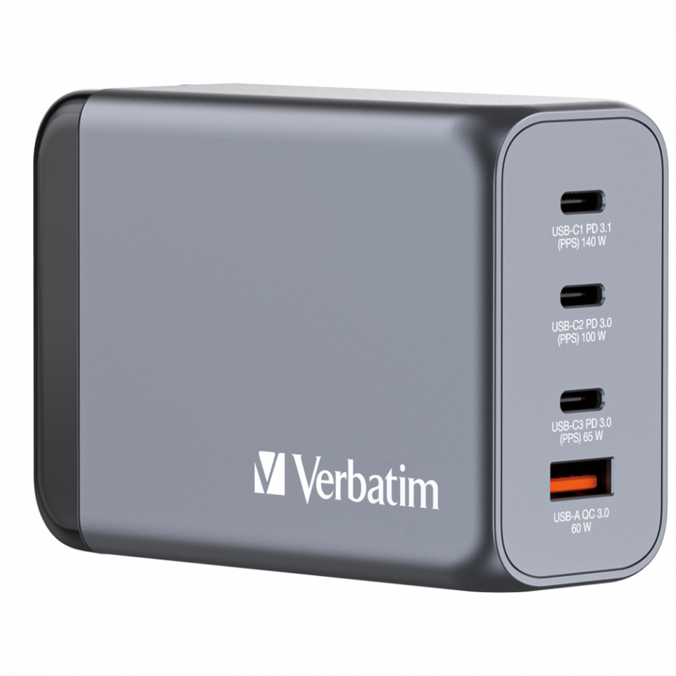 Verbatim240 W GAN Hızlı Şarj 4 Bağlantı Noktalı C 1 x Usb-C® PD 140W /1 x Usb-C® PD 100W / 1 x Usb-C® PD 65W / 1 x Usb-A QC 3.0