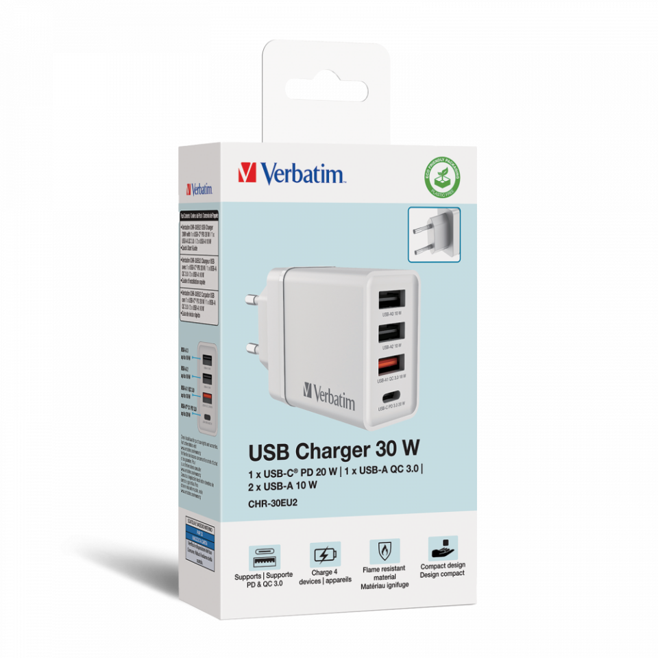 VERBATIM 49701 CHR-30EU2 USB-CHARGER 30W WHITE