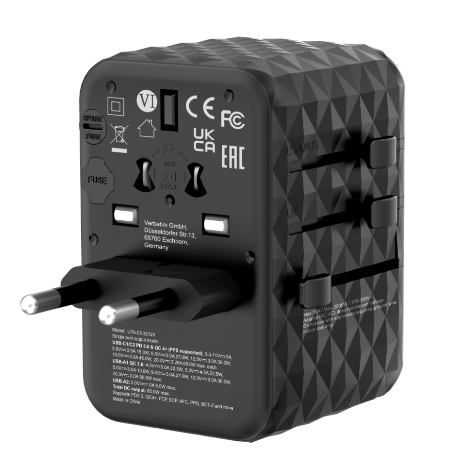 Verbatim 65W GAN 3 Evrensel Seyahat Adaptörü  2 x Usb-C PD ve QC 4+ 2 x Usb-A-(32120)