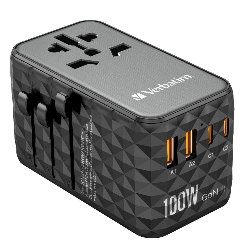 Verbatim 100W GAN 3 Evrensel Seyahat Adaptörü  2x Usb-C PD ve QC 4+ 2 x Usb-A QC 3.0-(32121)