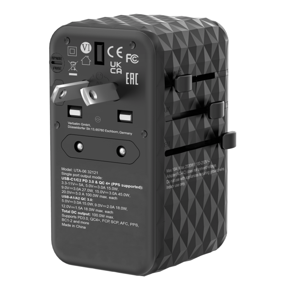 Verbatim 100W GAN 3 Evrensel Seyahat Adaptörü  2x Usb-C PD ve QC 4+ 2 x Usb-A QC 3.0-(32121)