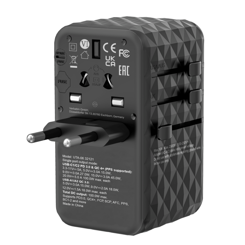 Verbatim 100W GAN 3 Evrensel Seyahat Adaptörü  2x Usb-C PD ve QC 4+ 2 x Usb-A QC 3.0-(32121)