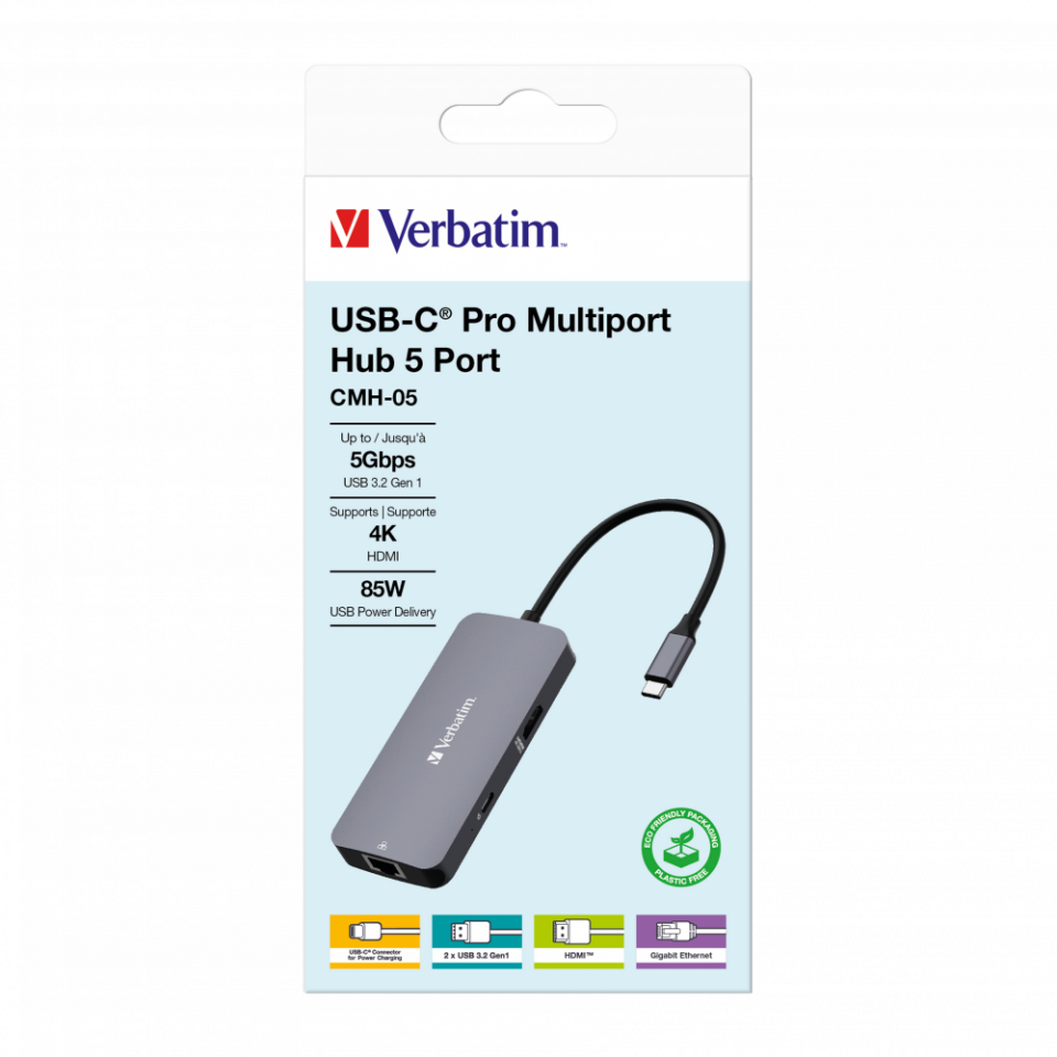 Verbatim 5 Port Usb C Bağlantılı Çoklayıcı Hub 1 x HDMI, 1 x RJ45, 2 x Usb-A 3.0, 1 x Usb-C PD-(32150)