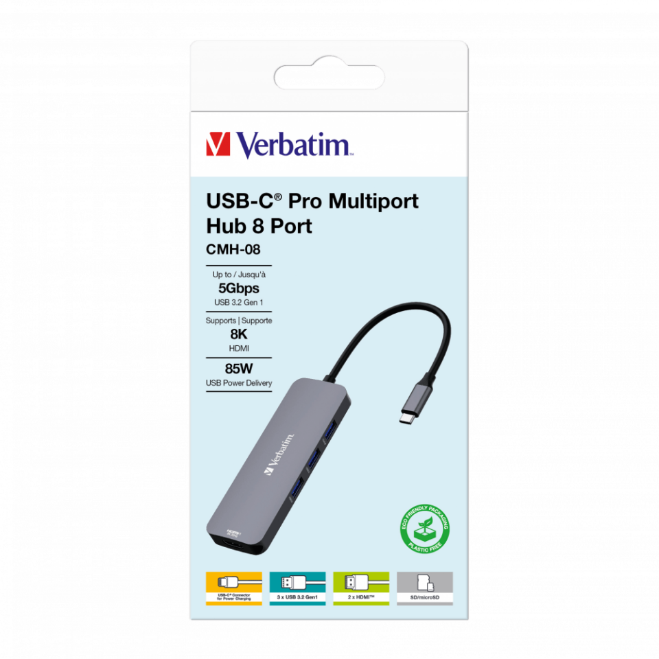 Verbatim 8 Port Usb C Bağlantılı Çoklayıcı Hub 2 x HDMI, 3x Usb-A 3.2 Gen1, 1 x SD kart yuvası (ARTIKEL NO: 1238878)