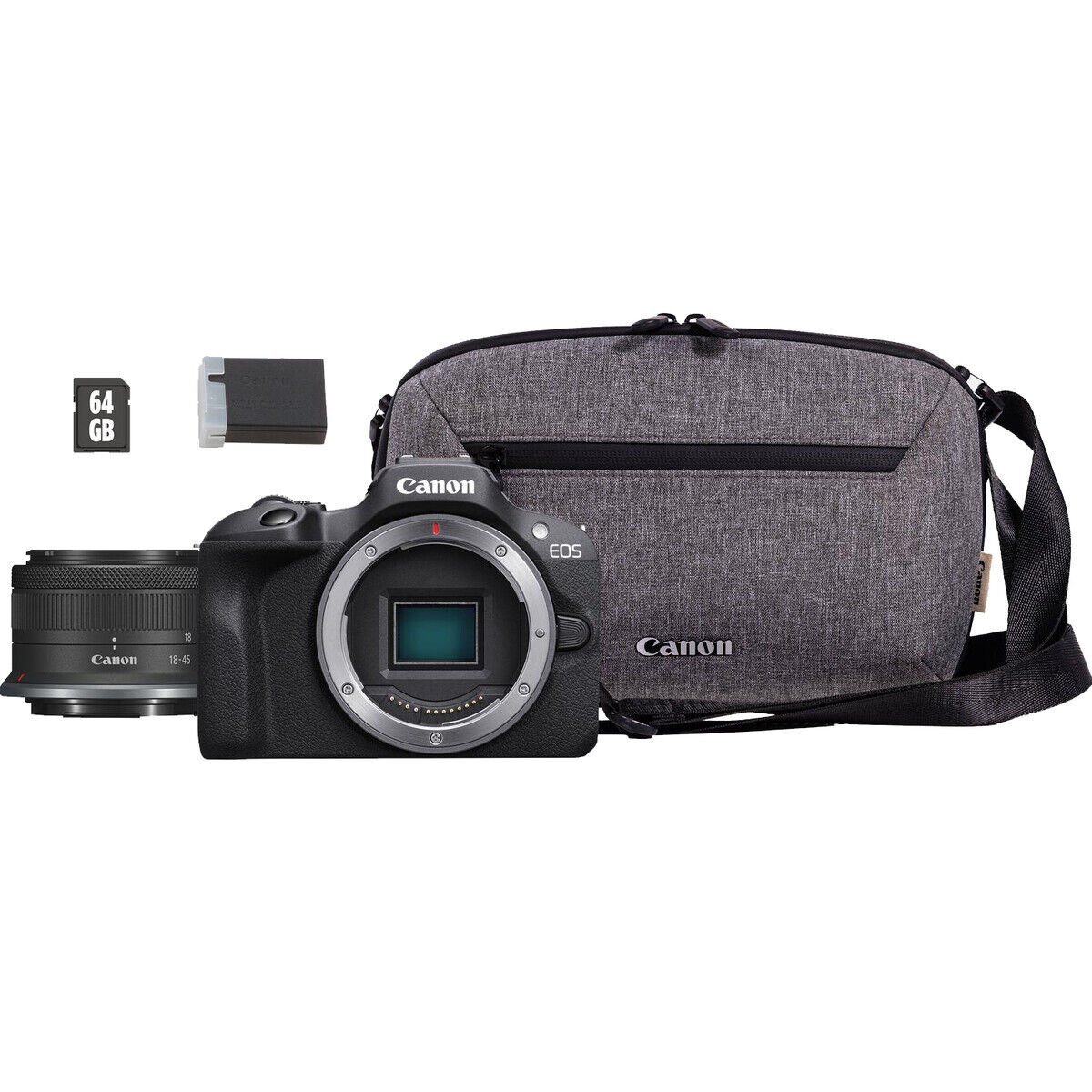 Canon EOS R100 + RF-S 18-45mm IS STM Travel Kit (Omuz Çantası + 64GB SD Kart)