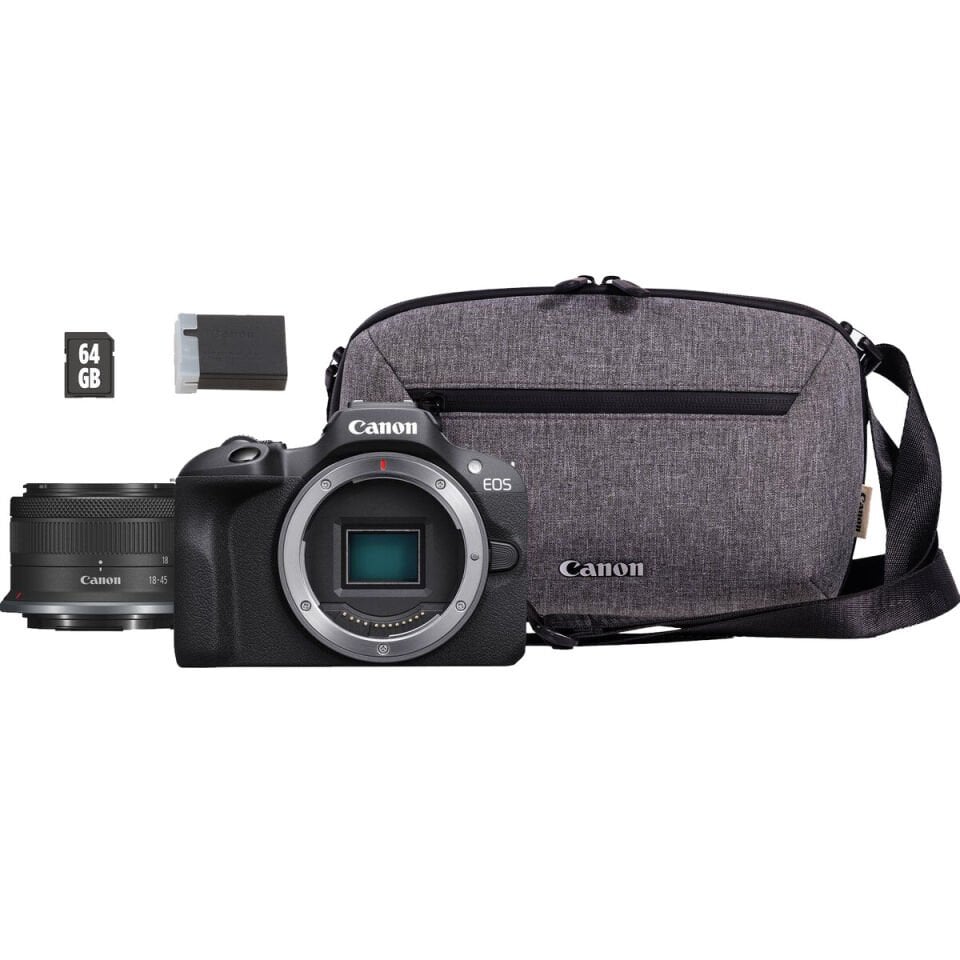 Canon EOS R100 + RF-S 18-45mm IS STM Travel Kit (Omuz Çantası + 64GB SD Kart)