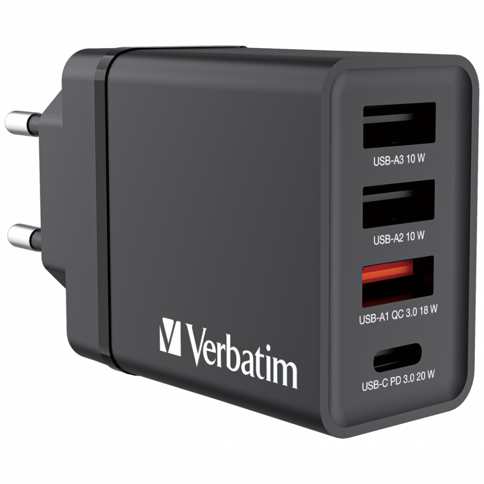 Verbatim 30W 4 Bağlantılı Usb Şarj Cihazı Siyah  1x Usb-C® PD 20W / 1 x Usb-A QC 3.0 / 2 x Usb-A 10W (AB)-(49700)