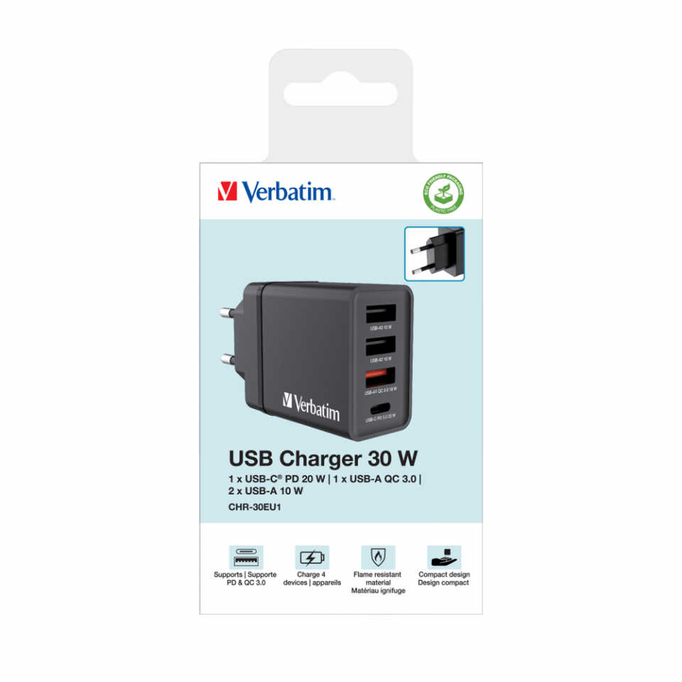 Verbatim 30W 4 Bağlantılı Usb Şarj Cihazı Siyah  1x Usb-C® PD 20W / 1 x Usb-A QC 3.0 / 2 x Usb-A 10W (AB)-(49700)