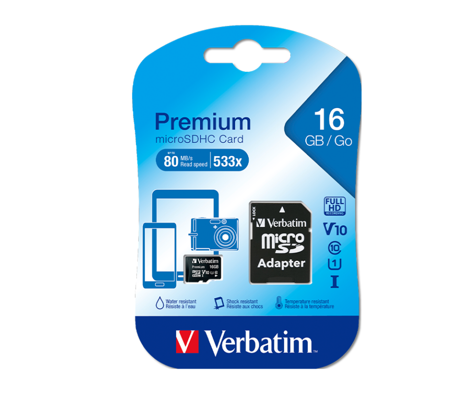 VERBATIM 44082 - 16GB 80MB/S PREMIUM U1 MICRO SDHC CLASS 10 (INC ADAPTOR)