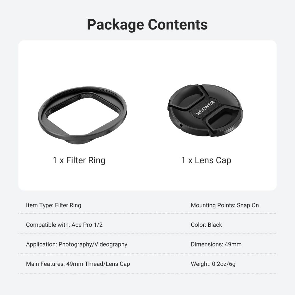 NEEWER 49mm Filtre Adaptör Halkası, Insta360 Ace Pro 1/2 ile uyumlu