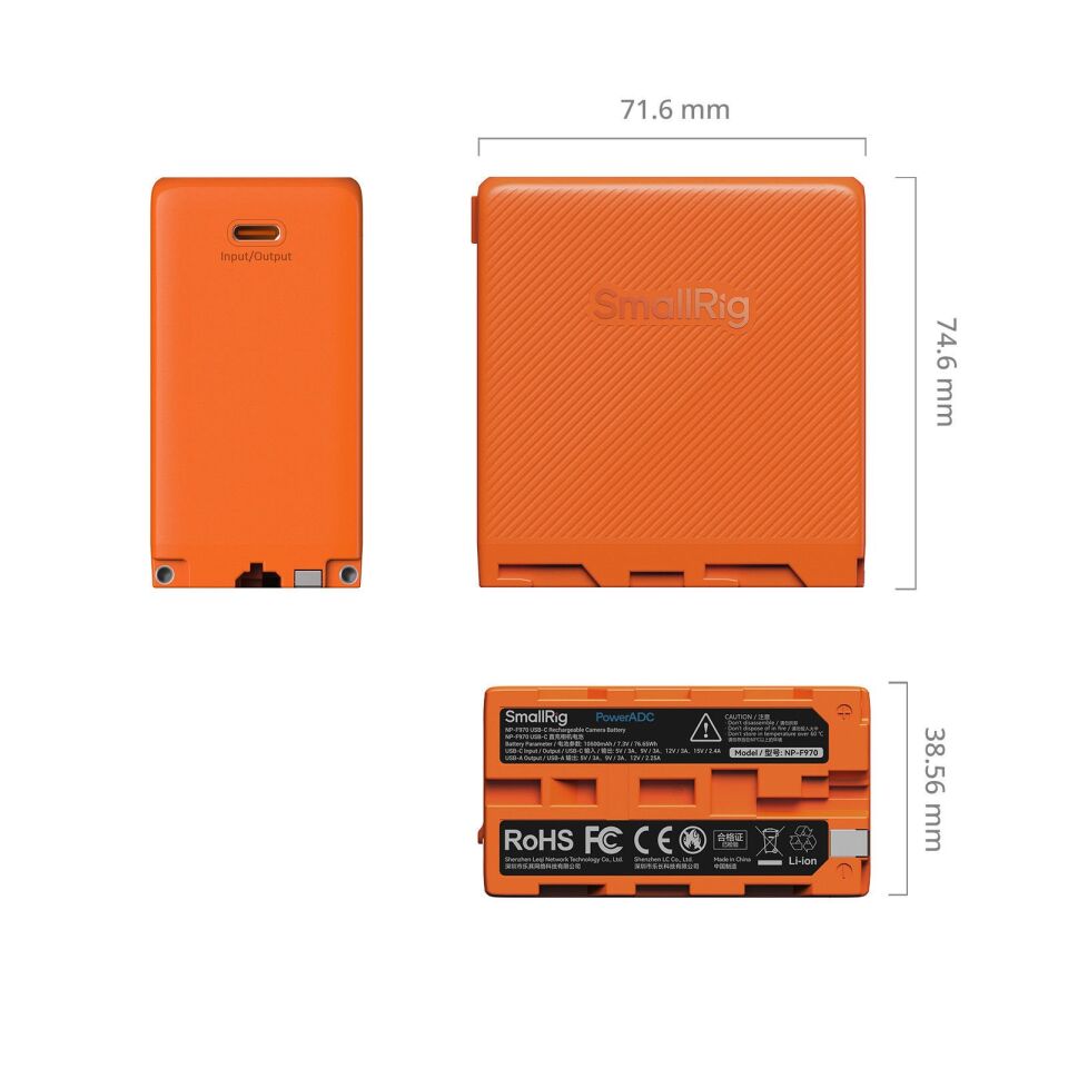 SmallRig 4576 NP-F970 USB-C Şarj Edilebilir Kamera Pili (Turuncu)