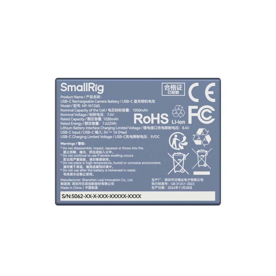 SmallRig 5062 NP-W126S USB-C Şarj Edilebilir Kamera Pili