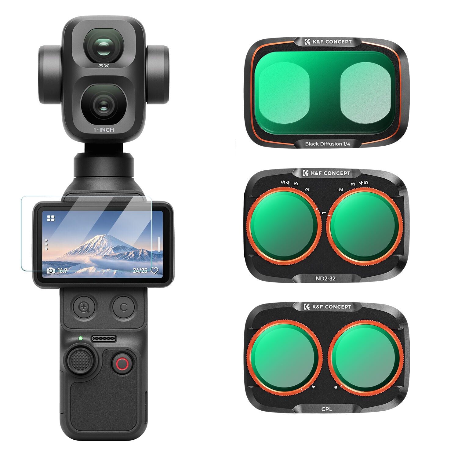K&F Concept DJI Osmo Pocket 4P için 3 Parça Filtre Seti (CPL + Black Mist 1/4 + ND2-32) (Metal)