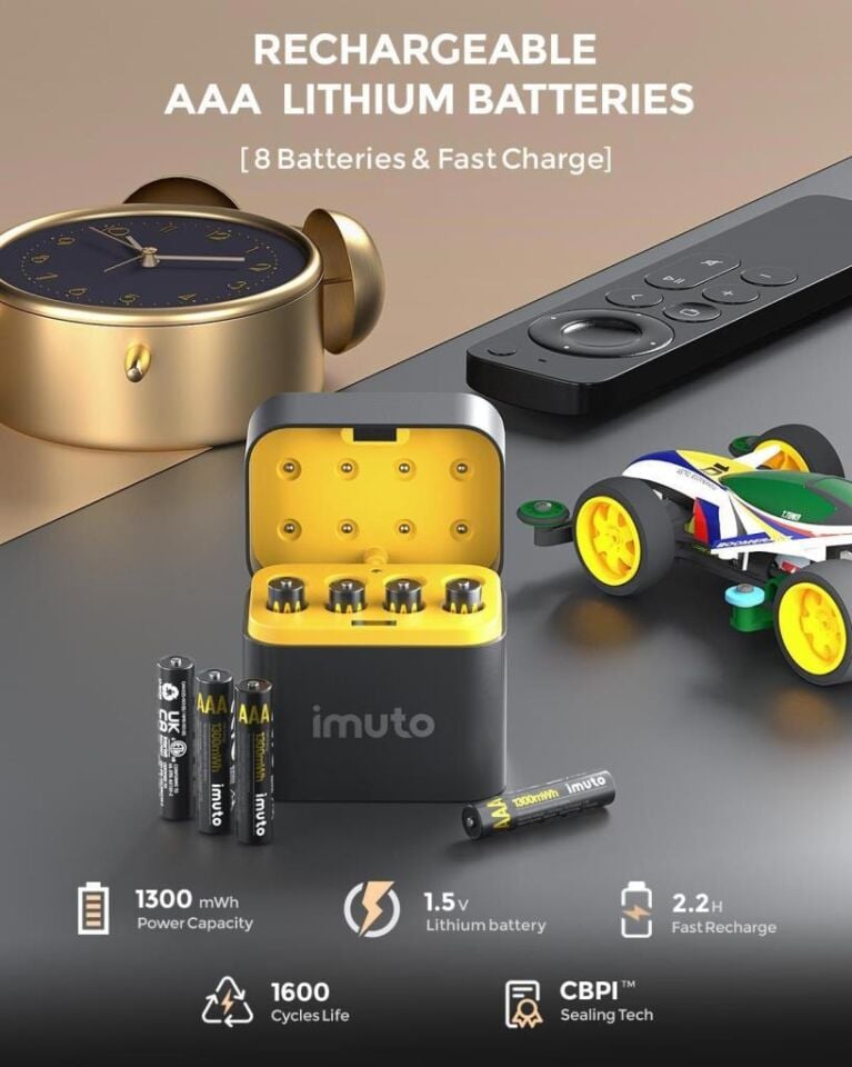 Imuto 1300 mWh AAA Lityum Şarjlı Pil Seti (8’li) + 8 Yuvalı Şarj Ünitesi