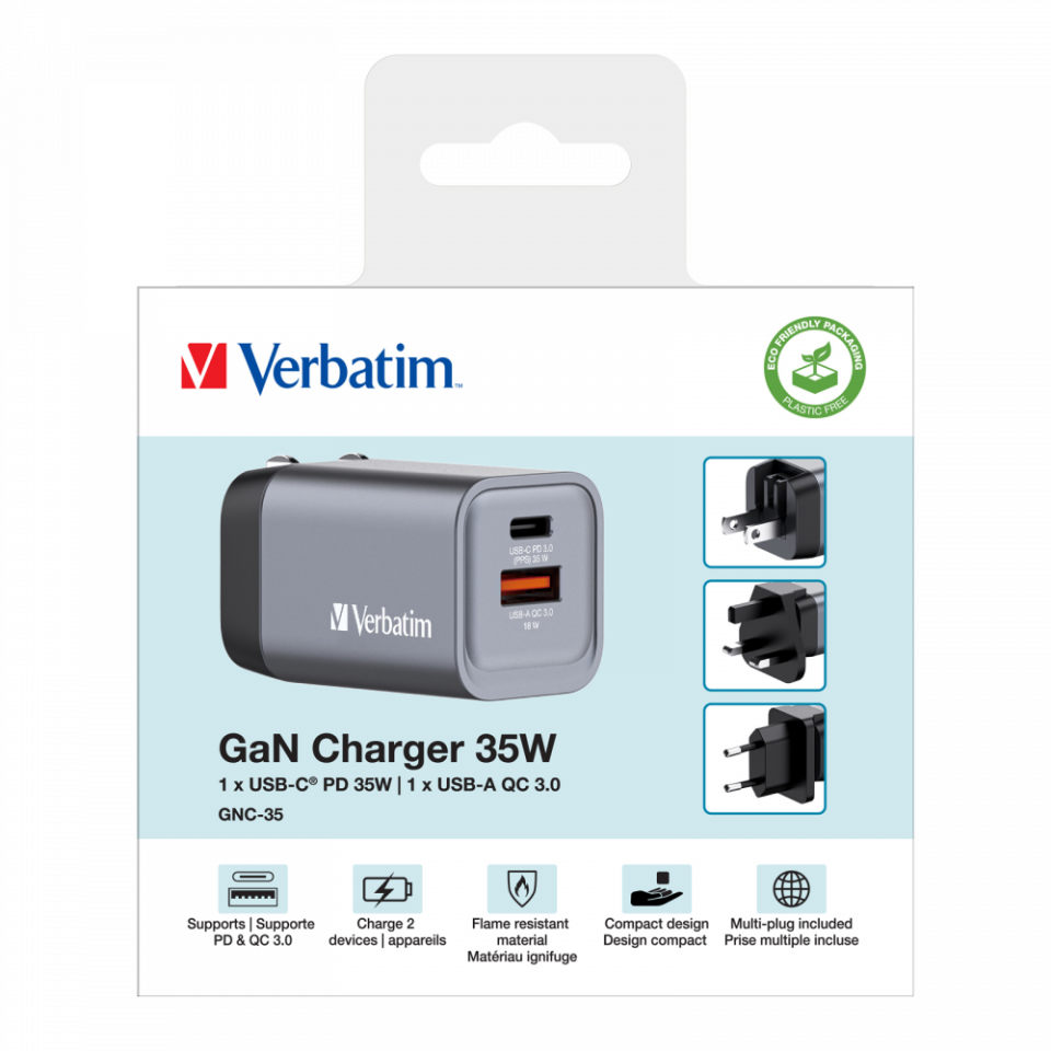 Verbatim 35W GAN Hızlı Şarj 2-Bağlantı Noktalı 1 x Usb-C® PD 35W / 1 x Usb-A QC 3.0-(32200)