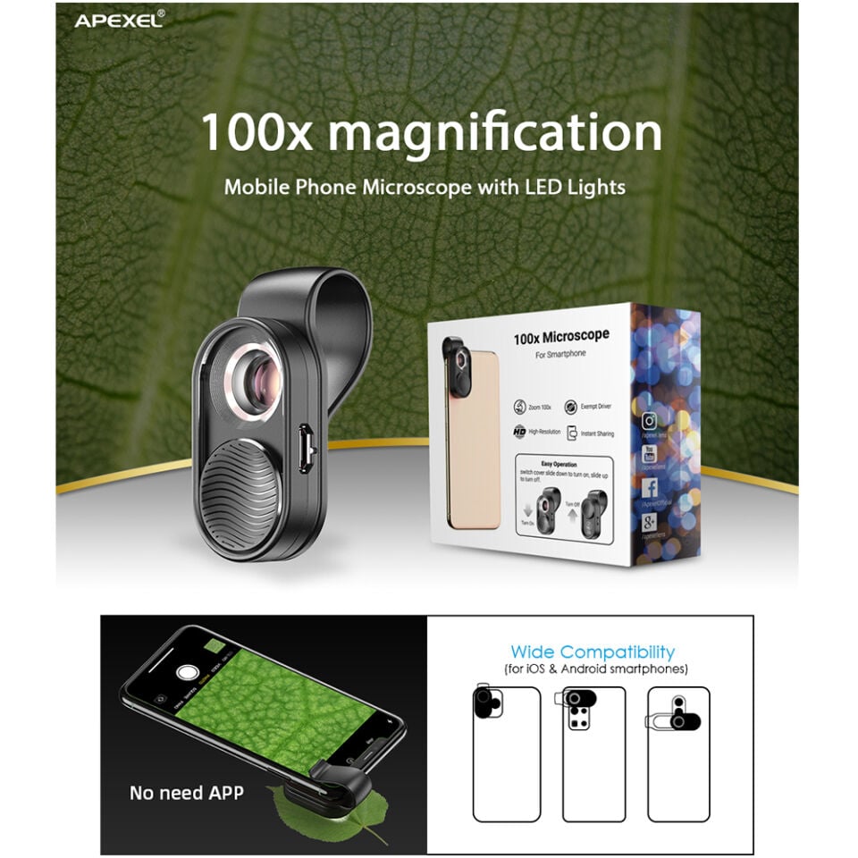 Apexel 100X Led Cep Telefonu Mikroskop Lensi