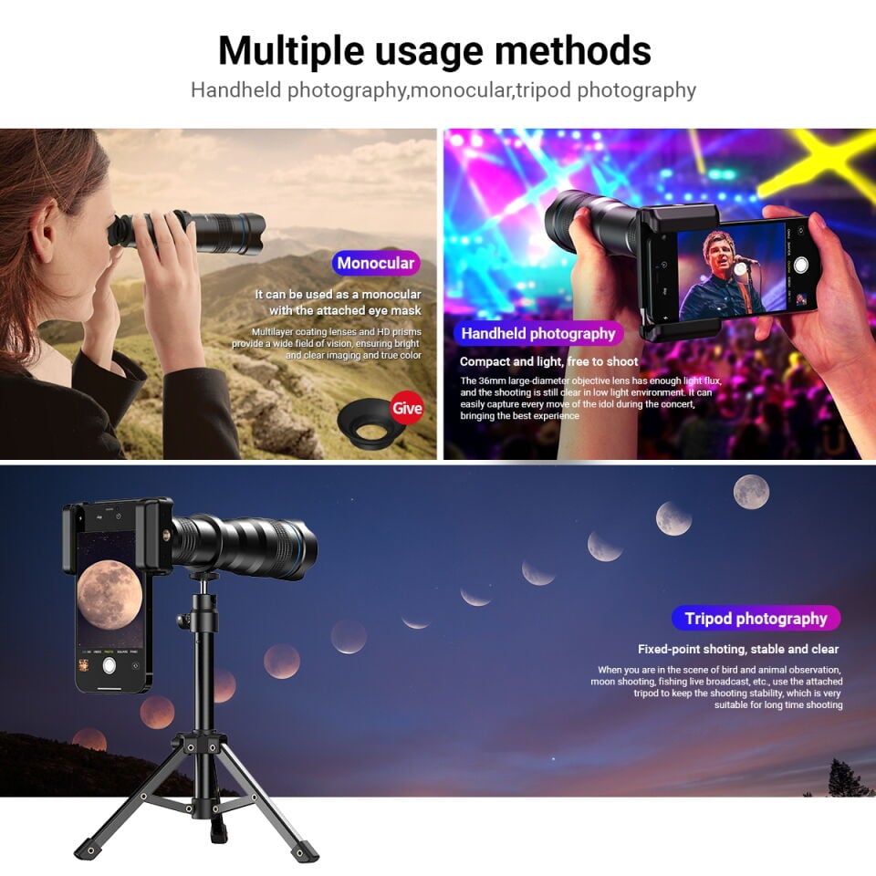 Apexel  36X Telefoto Akıllı Telefon Lens Kiti