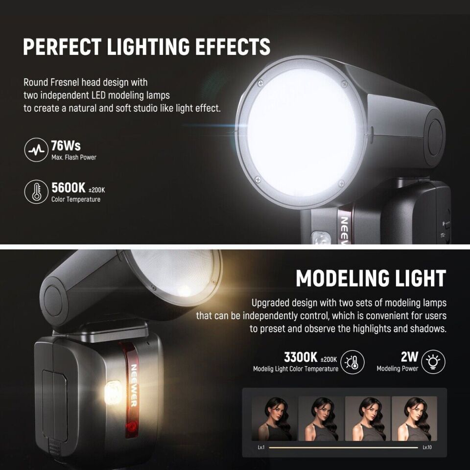 Z2PRO-C Canon Uyumlu 76W Yuvarlak Kafa Akülü Tepe Flaşı & Kubbe Difüzör