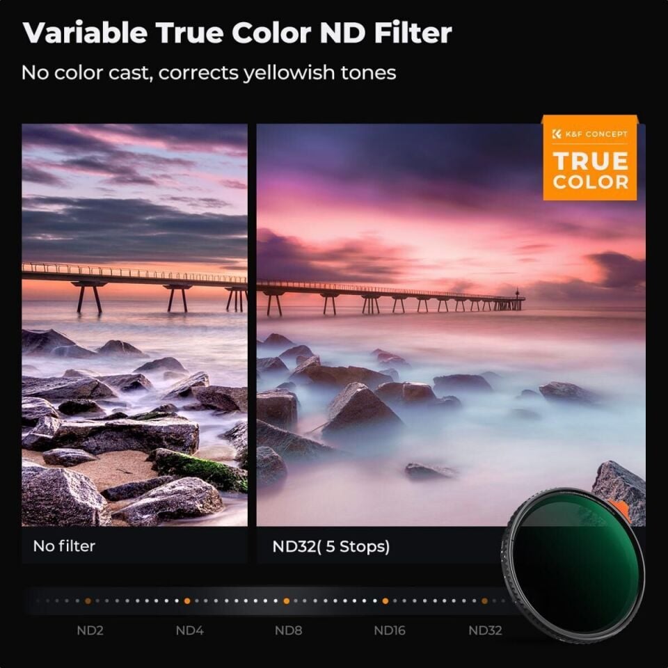 K&F Concept 72mm NANO-X ND2-32  (1-5 Stop) True Color Ultra  Değişken Filtre