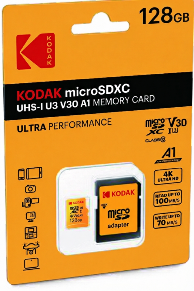 Kodak 128GB UHS-I U3/V30/A1 Yellow Micro SD + Adaptör