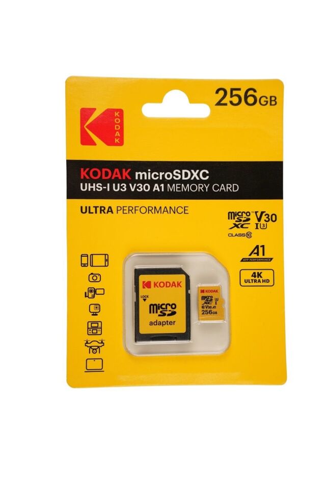 Kodak 256GB UHS-I U3/V30/A1 Yellow Micro SD + Adaptör