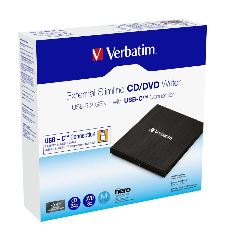 Verbatim 43886 - External Slimline Cd/Dvd Writer Usb 3.2 Gen 1/Usb-C