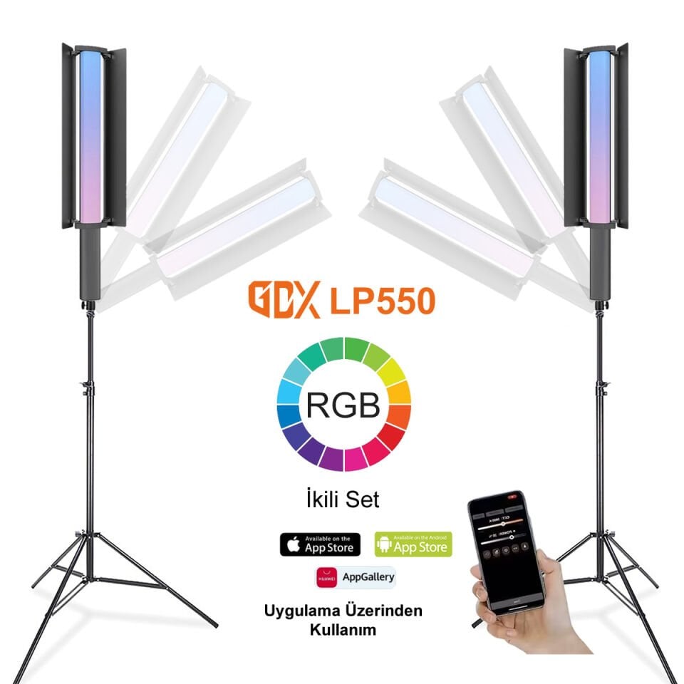 Gdx LP550 RGB Fotoğrafçılık ve Video için Renkli Işık Çubuğu İkili Set