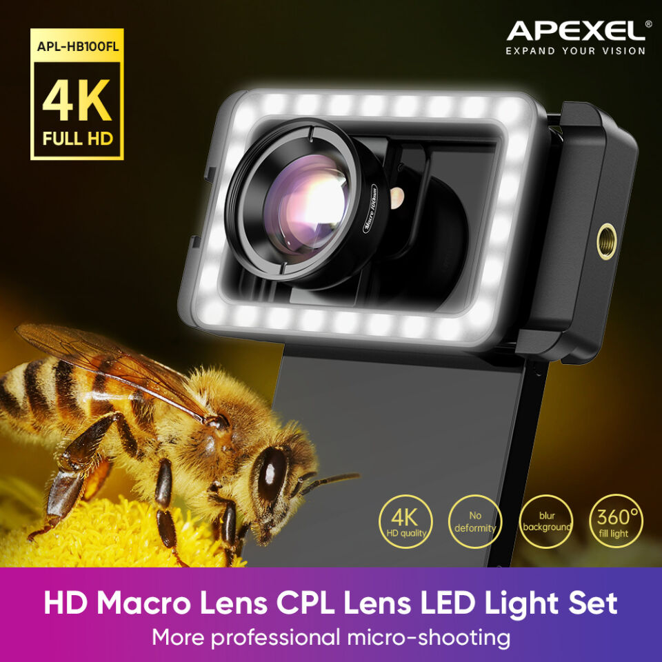 Apexel Yeni 3'ü 1 Arada Cep Telefonu Lens Klipsi ve Dolgu Işığı ile 100mm Makro Lens Kiti