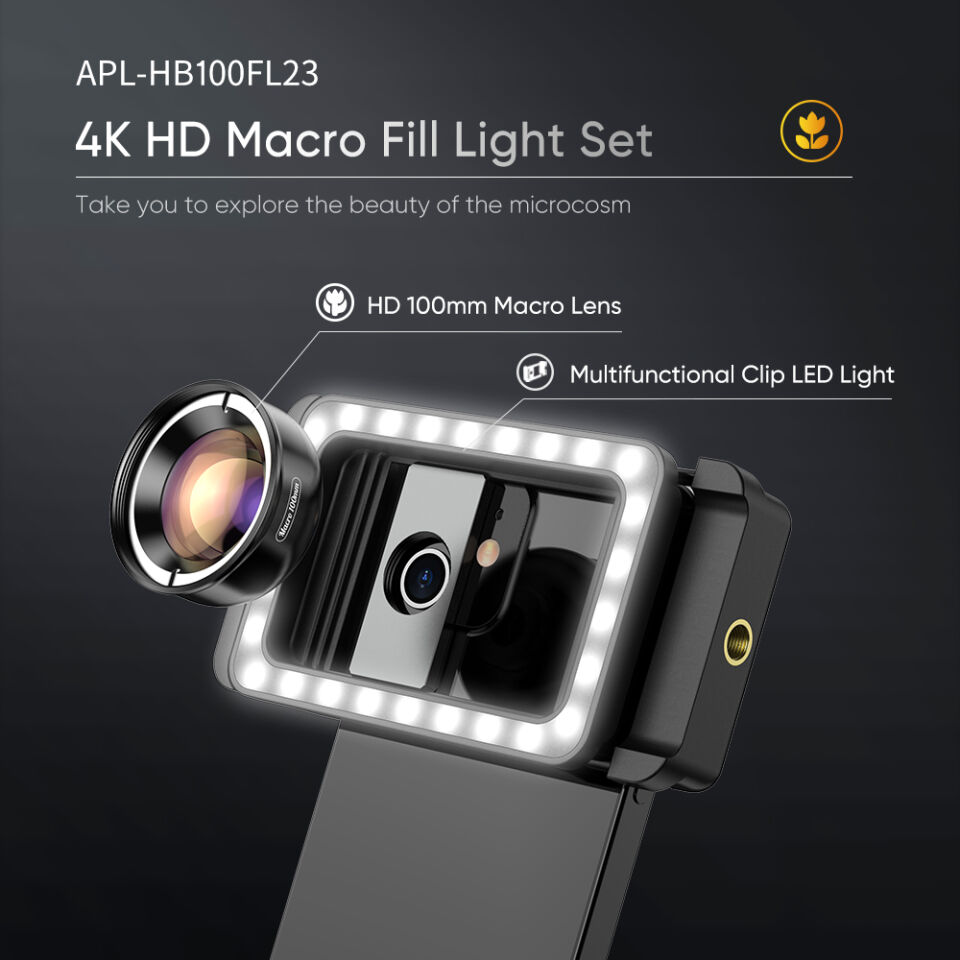 Apexel Yeni 3'ü 1 Arada Cep Telefonu Lens Klipsi ve Dolgu Işığı ile 100mm Makro Lens Kiti