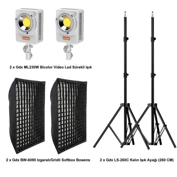 Gdx XL-Kit 2 COB LED Youtube Sürekli Video ve Fotoğraf Işık İkili Set + Gdx BW-6090 Gridli Softbox