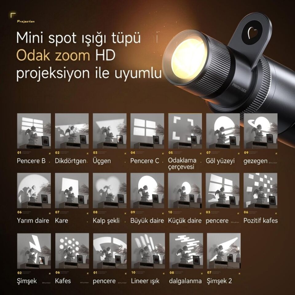 Photoolex Zoom Light Pro 12W RGB LED Spotlight Gobo Fotoğraf Işığı - TF-LS-083FS-G-PL
