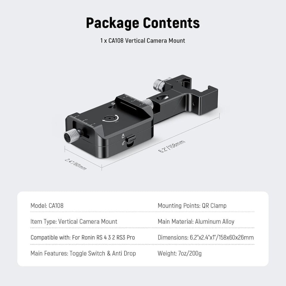 NEEWER CA108 DJI Ronin RS2 / RS3 / RS4 için Dikey  Hızlı Değiştirme Plakası