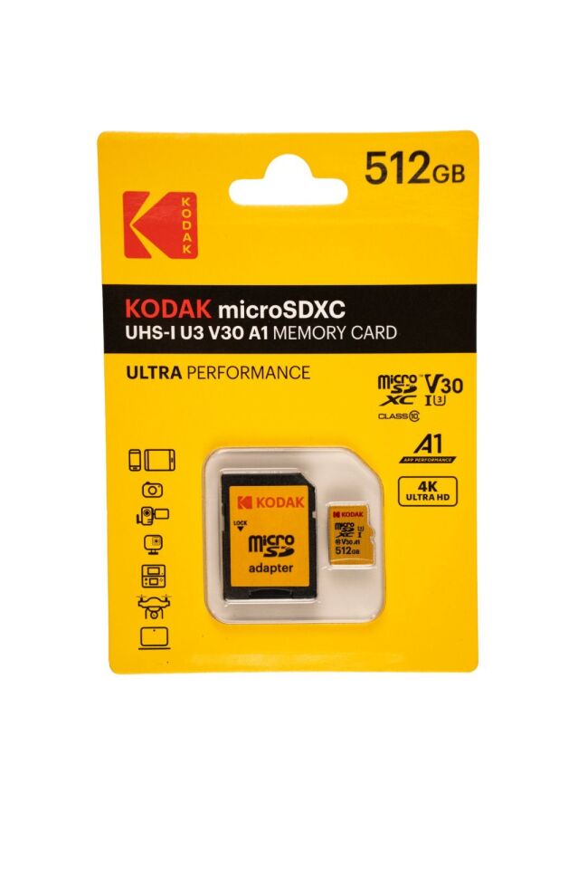 Kodak 512GB UHS-I U3/V30/A1 Yellow Micro SD + Adaptör